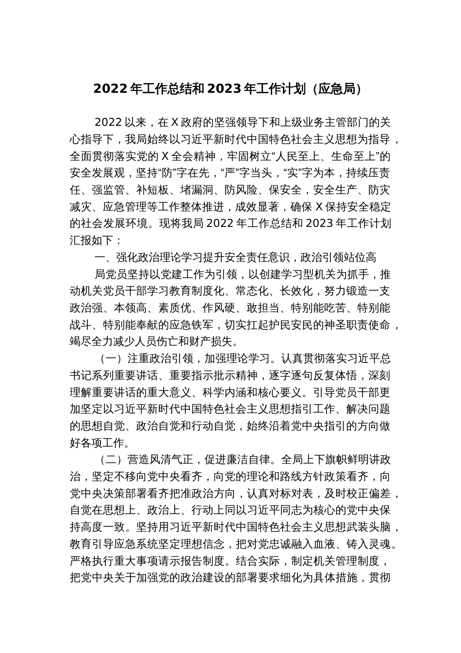 2022年工作总结和2023年工作计划（应急局）_第1页