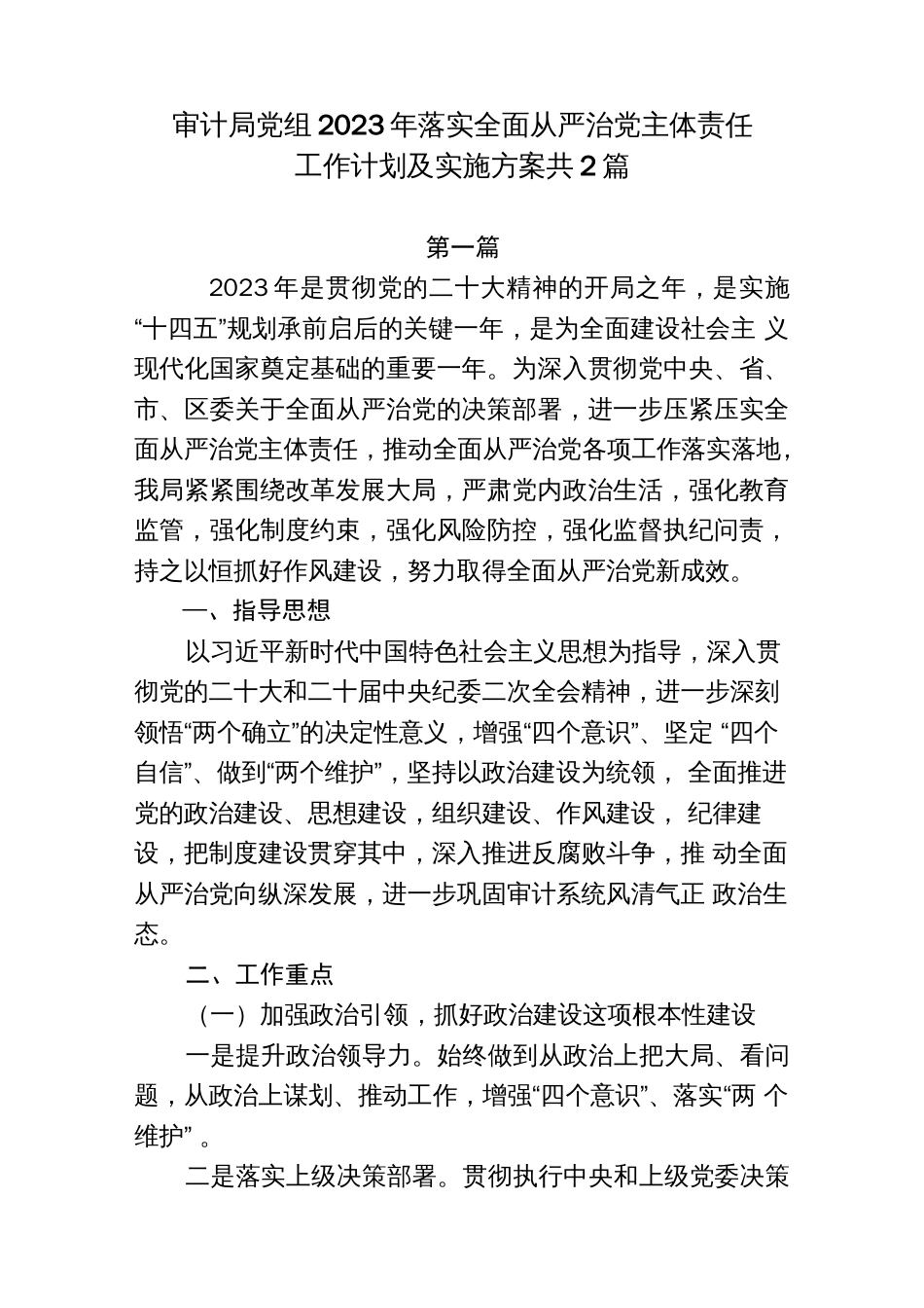 (2篇)审计局2023年落实全面从严治党主体责任工作计划及实施方案_第1页