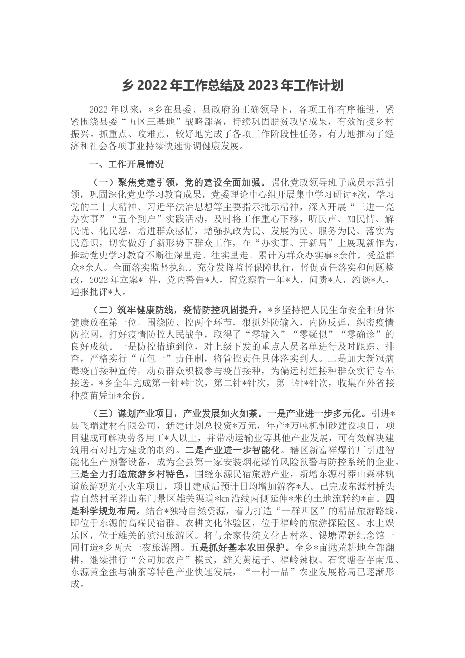 乡2022年工作总结及2023年工作计划_第1页