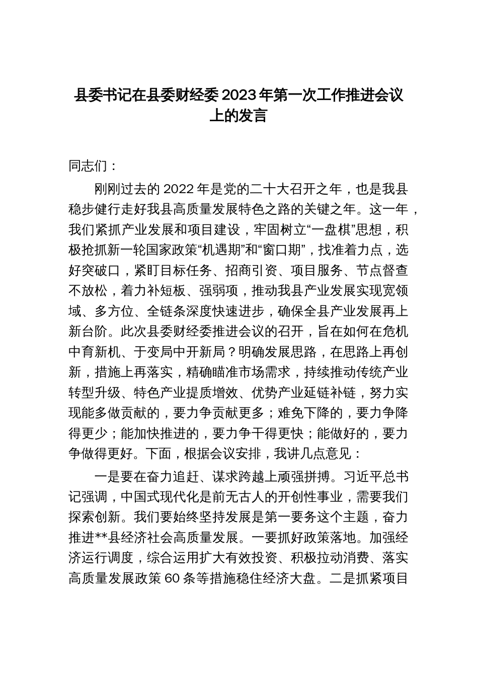 县委书记在县委财经委2023年第一次工作推进会议上的发言_第1页