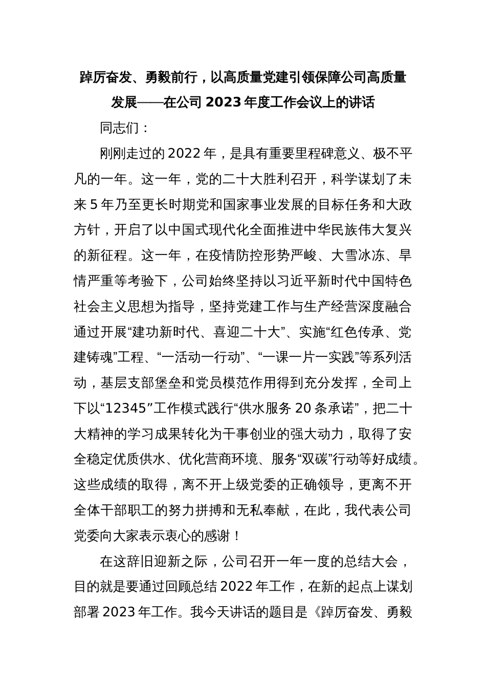 踔厉奋发、勇毅前行，以高质量党建引领保障公司高质量发展——在公司2023年度工作会议上的讲话_第1页