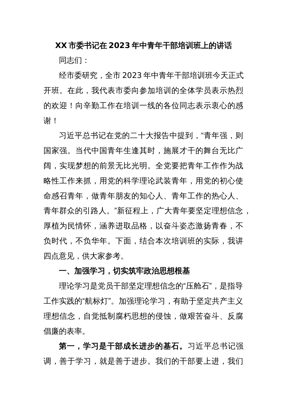 XX市委书记在2023年中青年干部培训班上的讲话_第1页