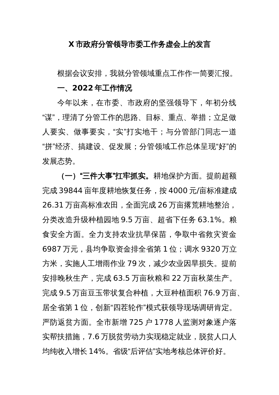 X市政府分管领导市委工作务虚会上的发言_第1页