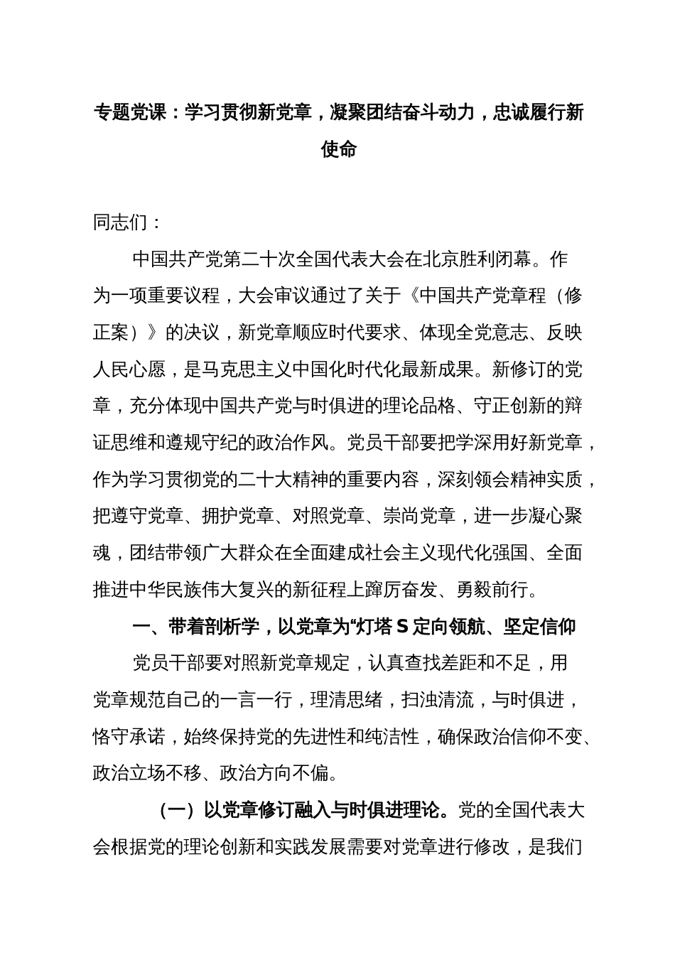 党课：学习贯彻新党章 凝聚团结奋斗动力 忠诚履行新使命_第1页