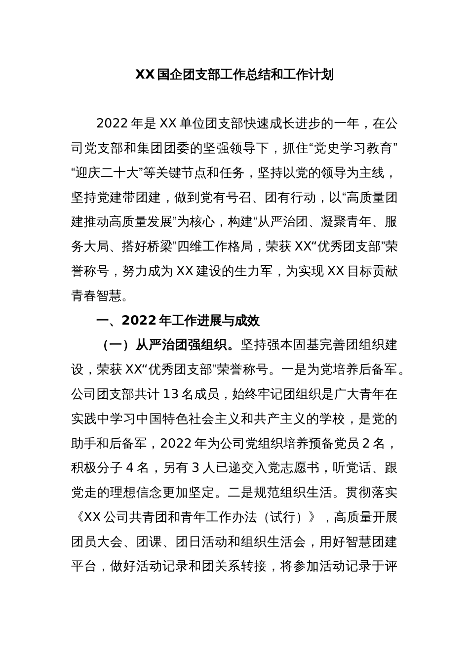 XX国企团支部工作总结和工作计划_第1页