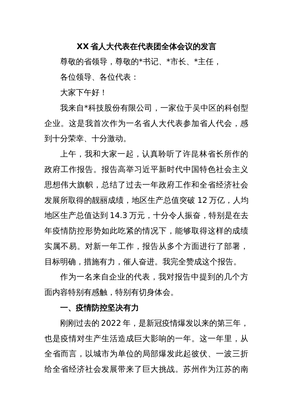 XX省人大代表在代表团全体会议的发言_第1页