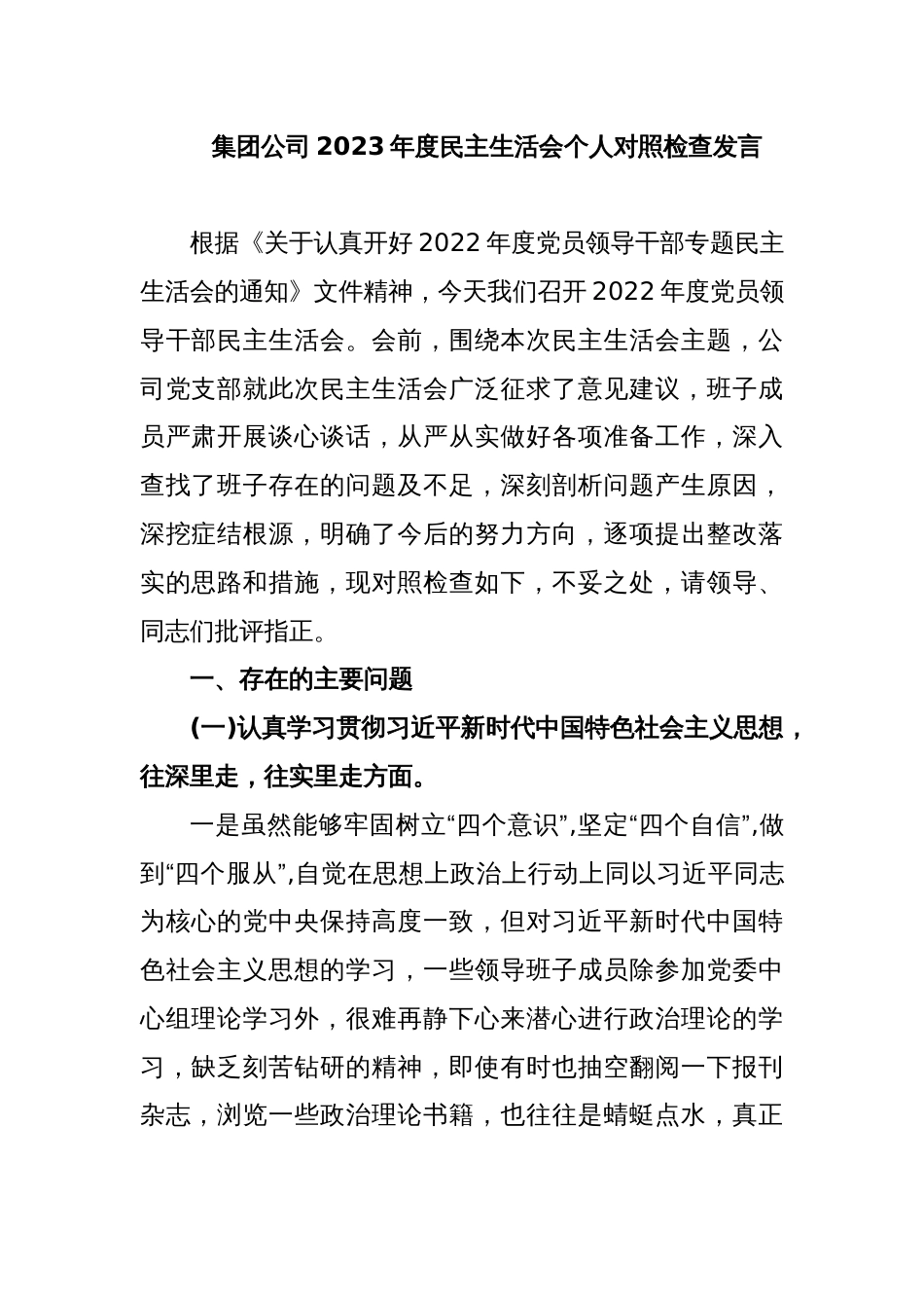 集团公司2023年度民主生活会个人对照检查发言_第1页