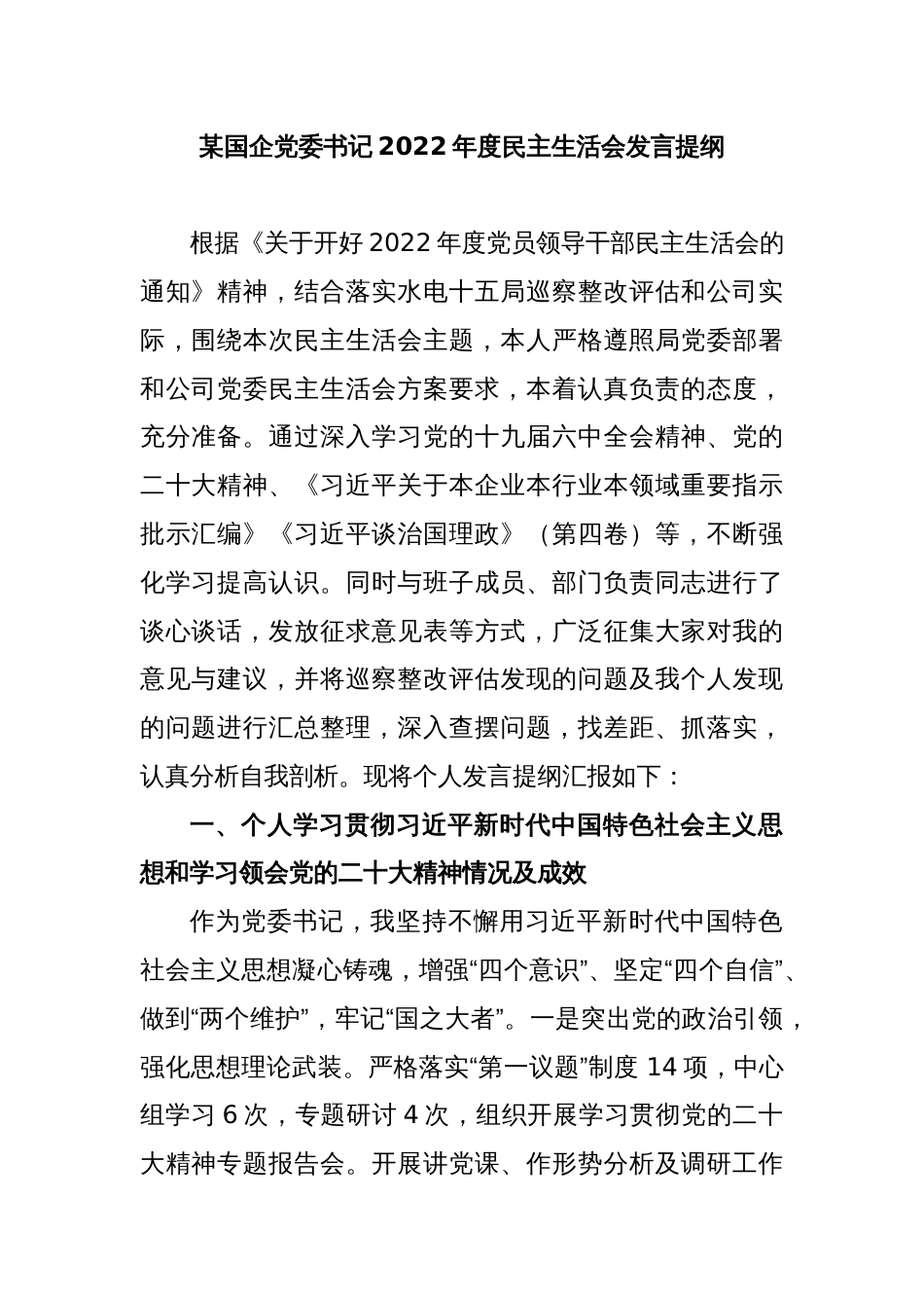 某国企党委书记2022年度民主生活会发言提纲_第1页