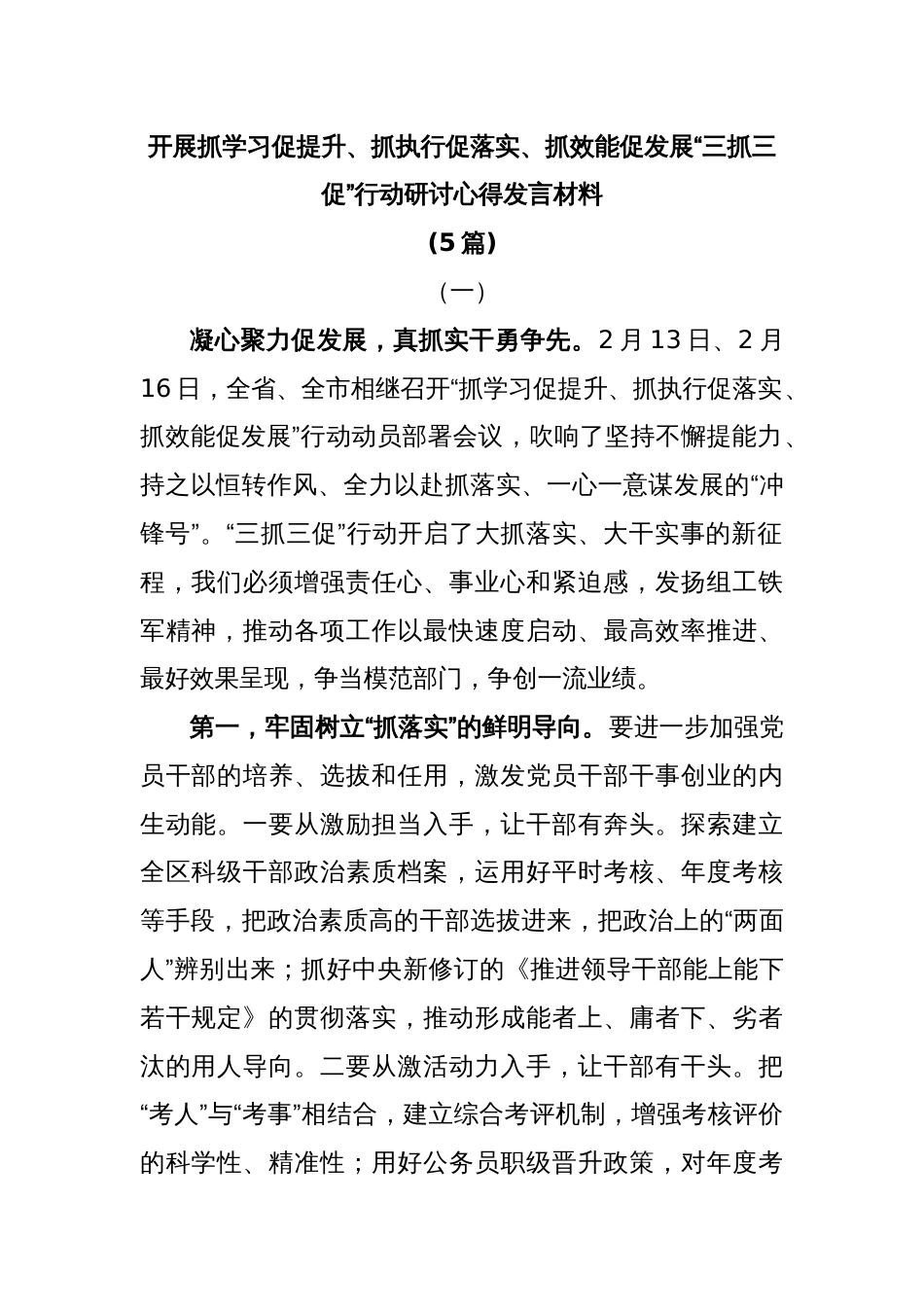 (5篇)开展抓学习促提升、抓执行促落实、抓效能促发展“三抓三促”行动研讨心得发言材料_第1页
