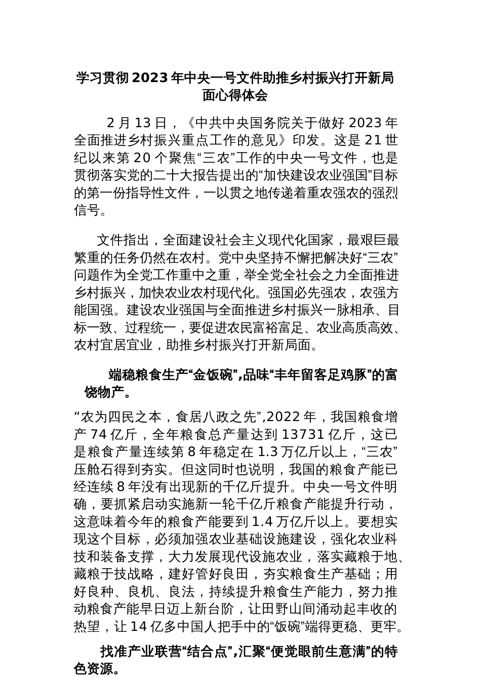 学习贯彻2023年中央一号文件助推乡村振兴打开新局面心得体会_第1页