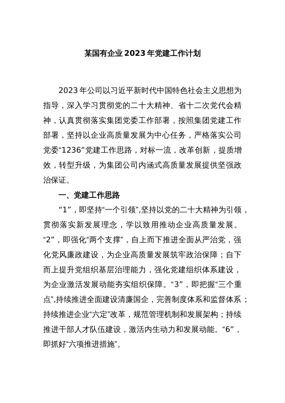 某国有企业2023年党建工作计划_第1页