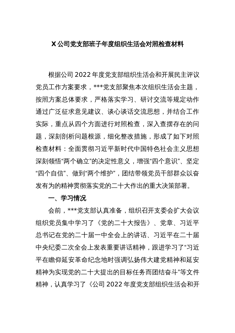 X公司党支部班子年度组织生活会对照检查材料_第1页