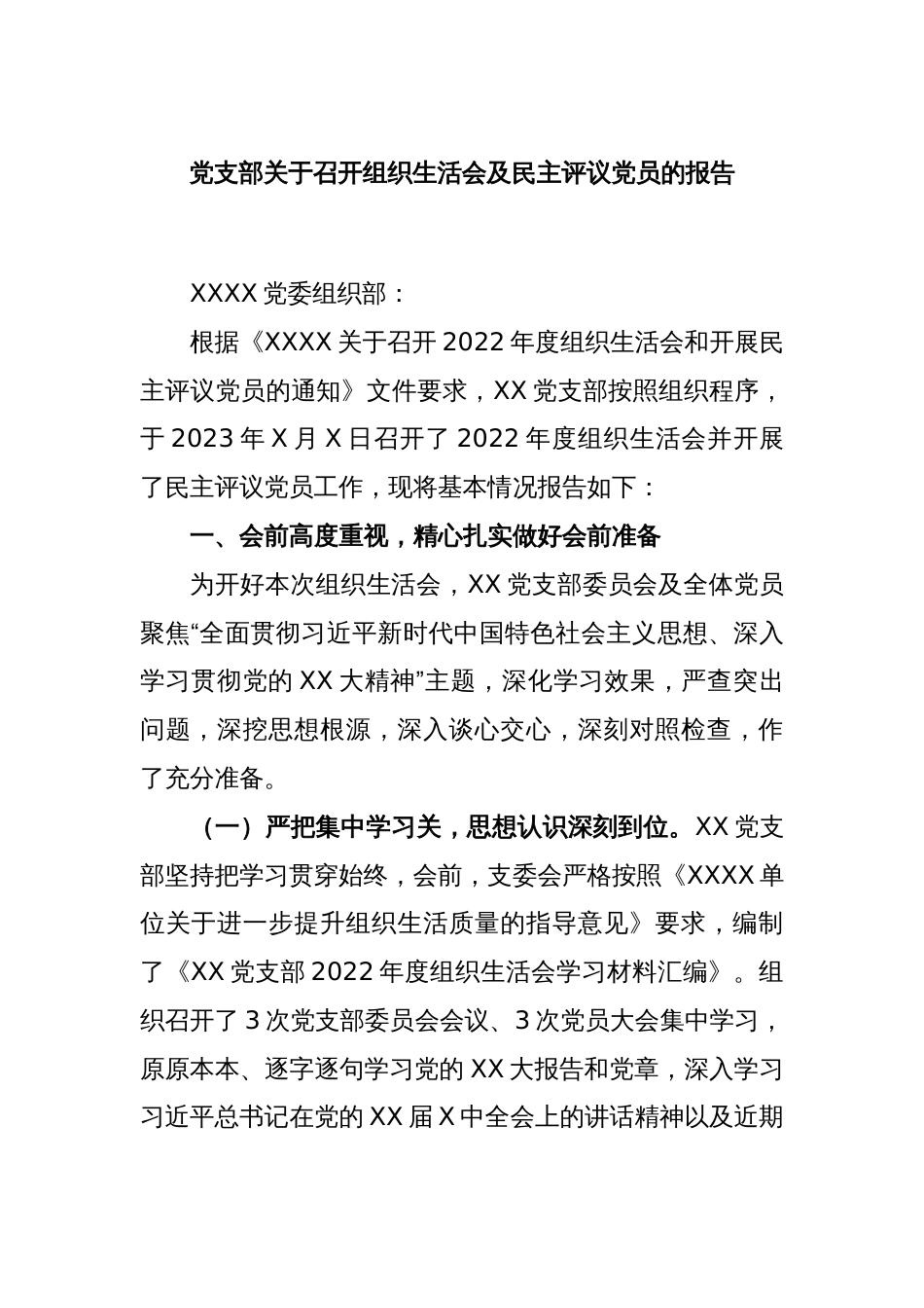 党支部关于召开组织生活会及民主评议党员的报告_第1页