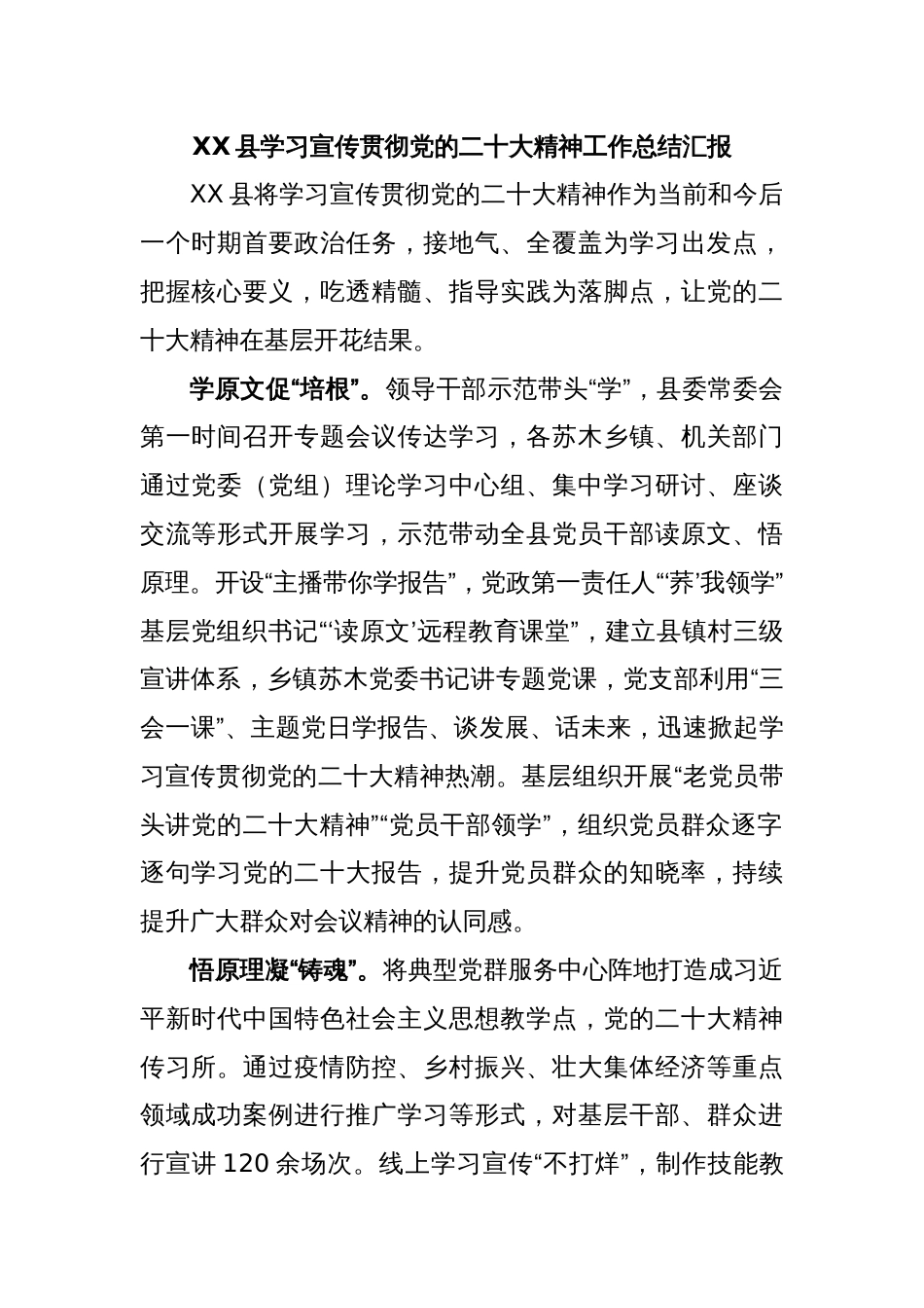 XX 县学习宣传贯彻党的二十大精神工作总结汇报_第1页