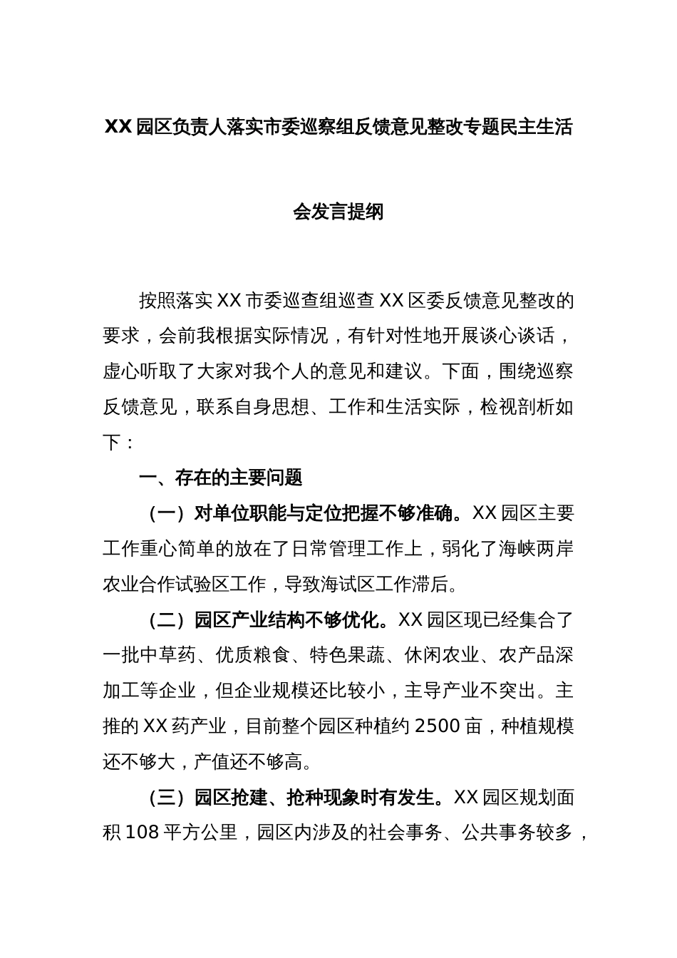 XX园区负责人落实市委巡察组反馈意见整改专题民主生活会发言提纲_第1页