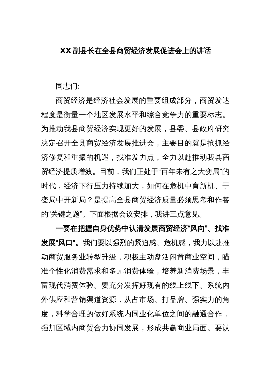 XX副县长在全县商贸经济发展促进会上的讲话_第1页