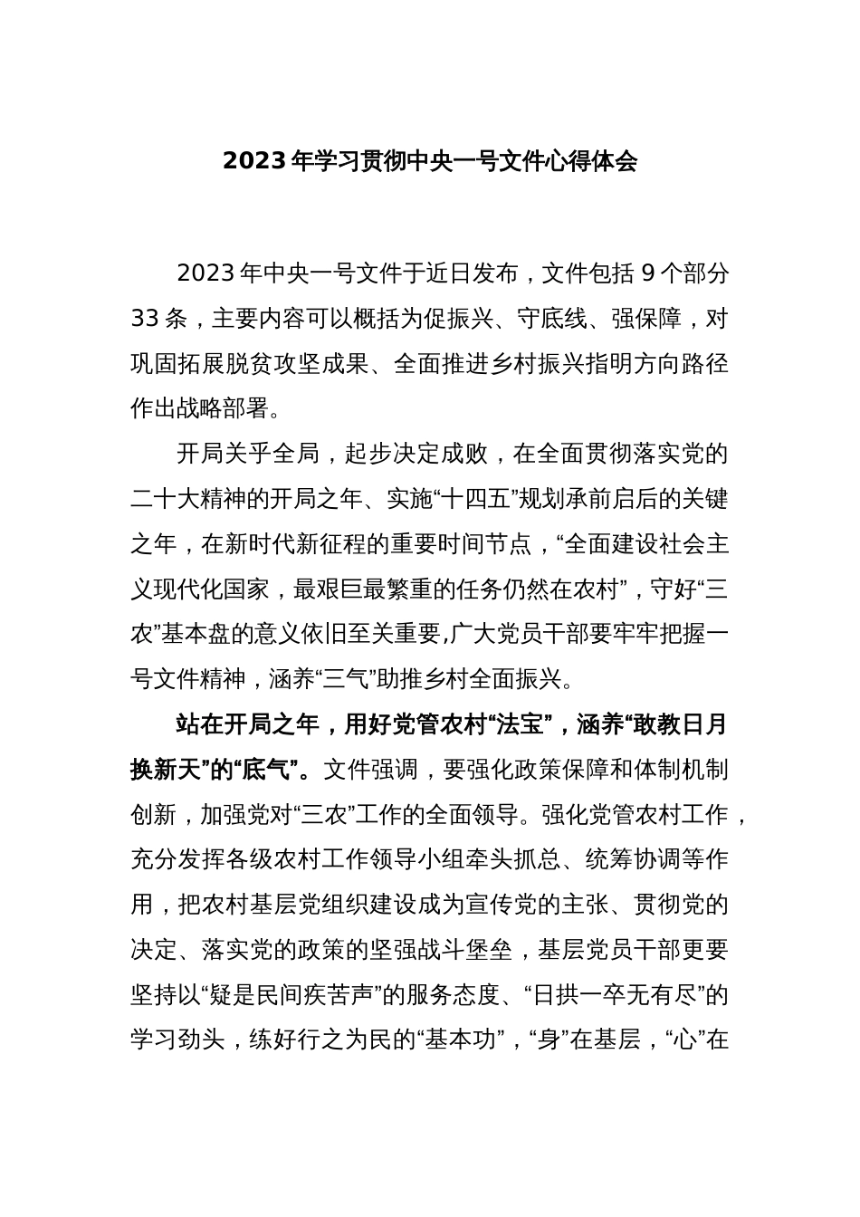 2023年学习贯彻中央一号文件心得体会_第1页