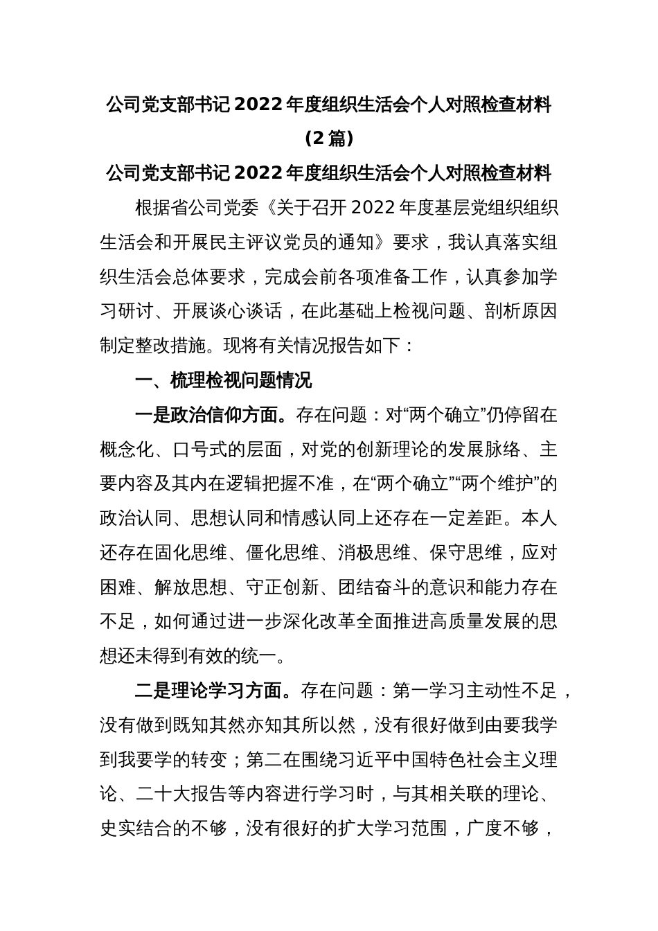 (2篇)公司党支部书记2022年度组织生活会个人对照检查材料_第1页