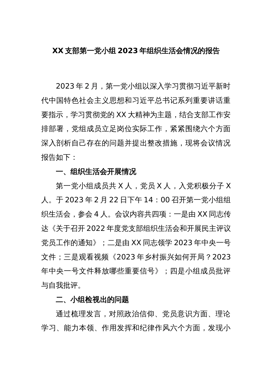 XX支部第一党小组2023年组织生活会情况的报告_第1页