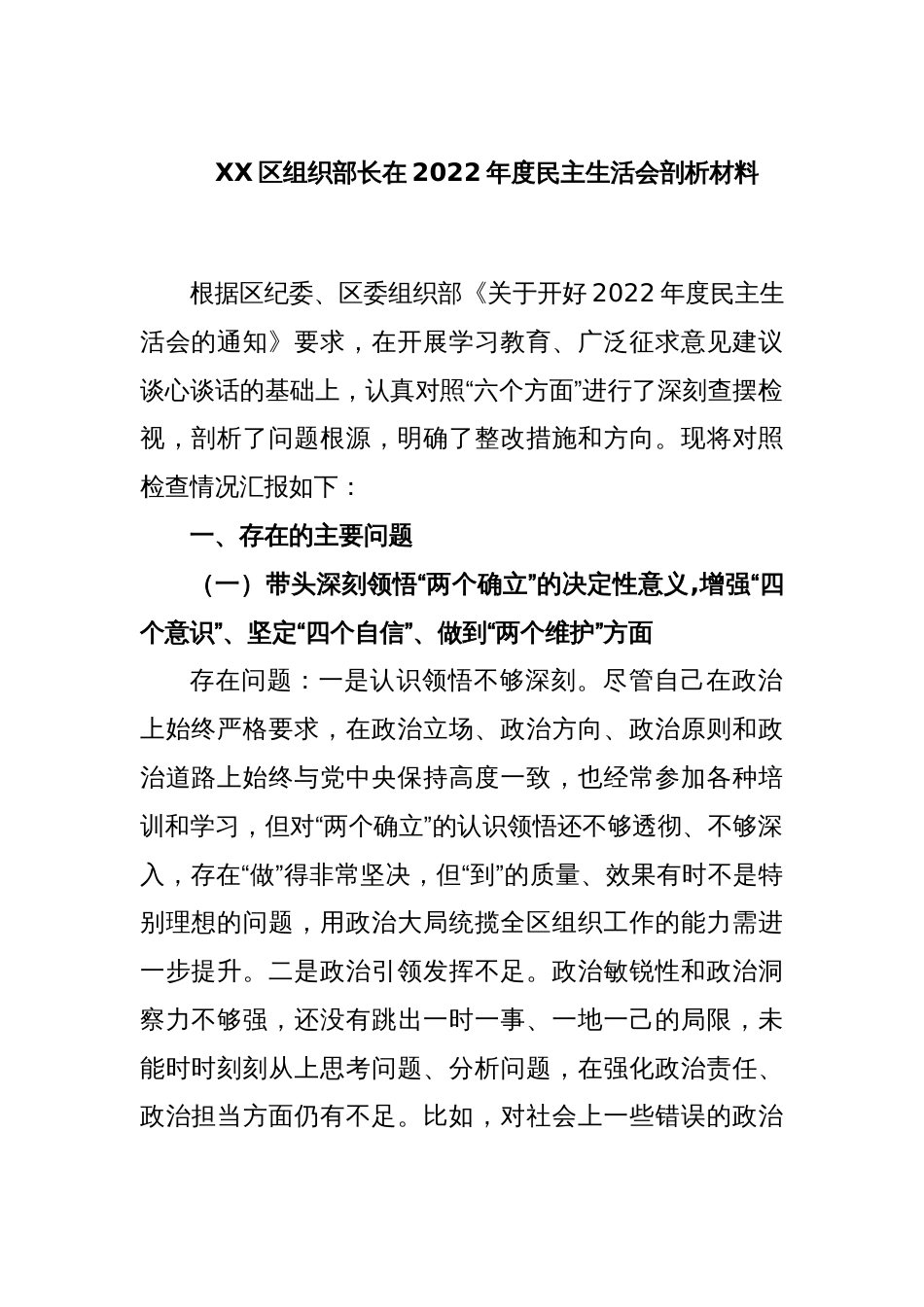 XX区组织部长在2022年度民主生活会剖析材料_第1页