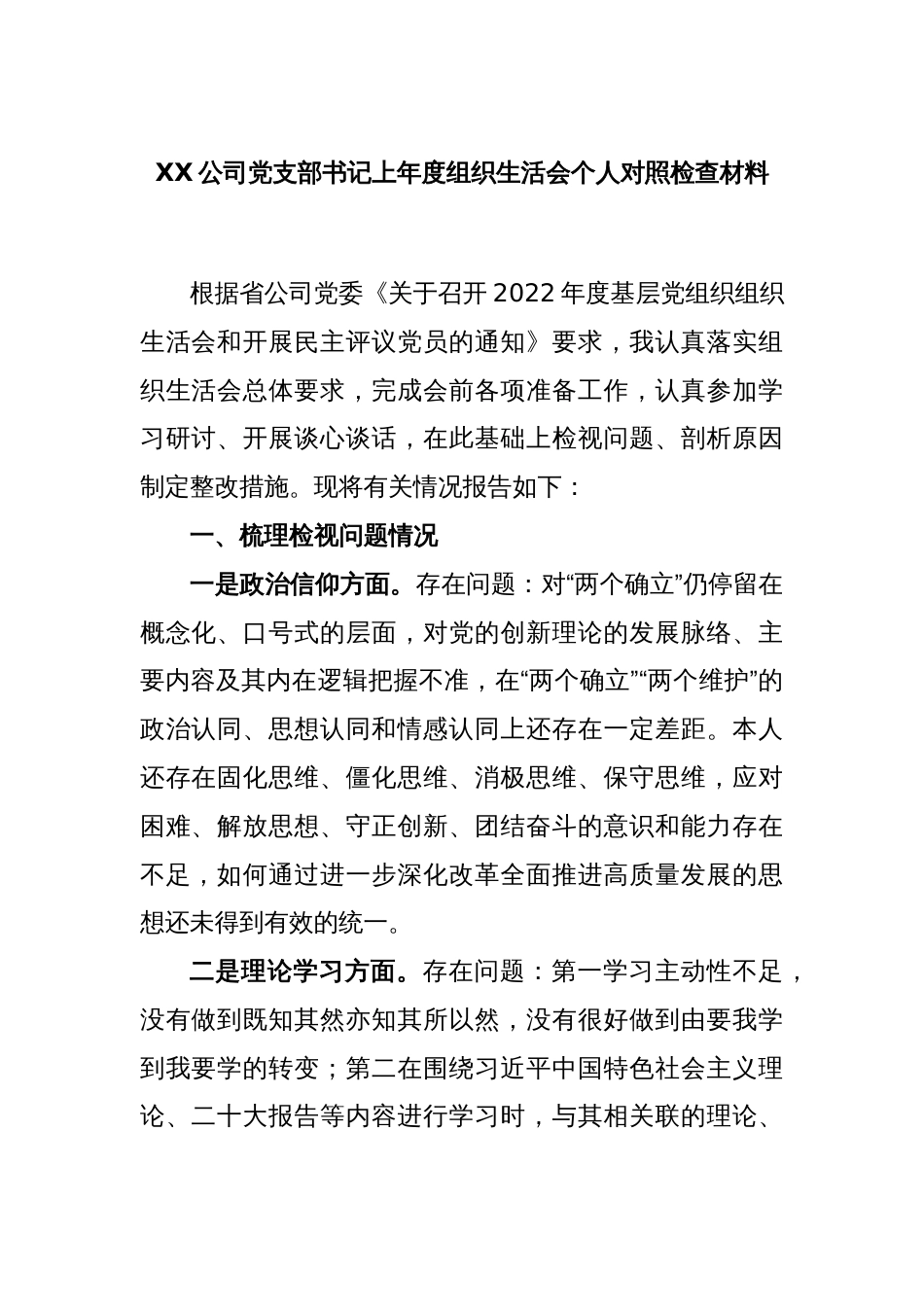 XX公司党支部书记上年度组织生活会个人对照检查材料_第1页