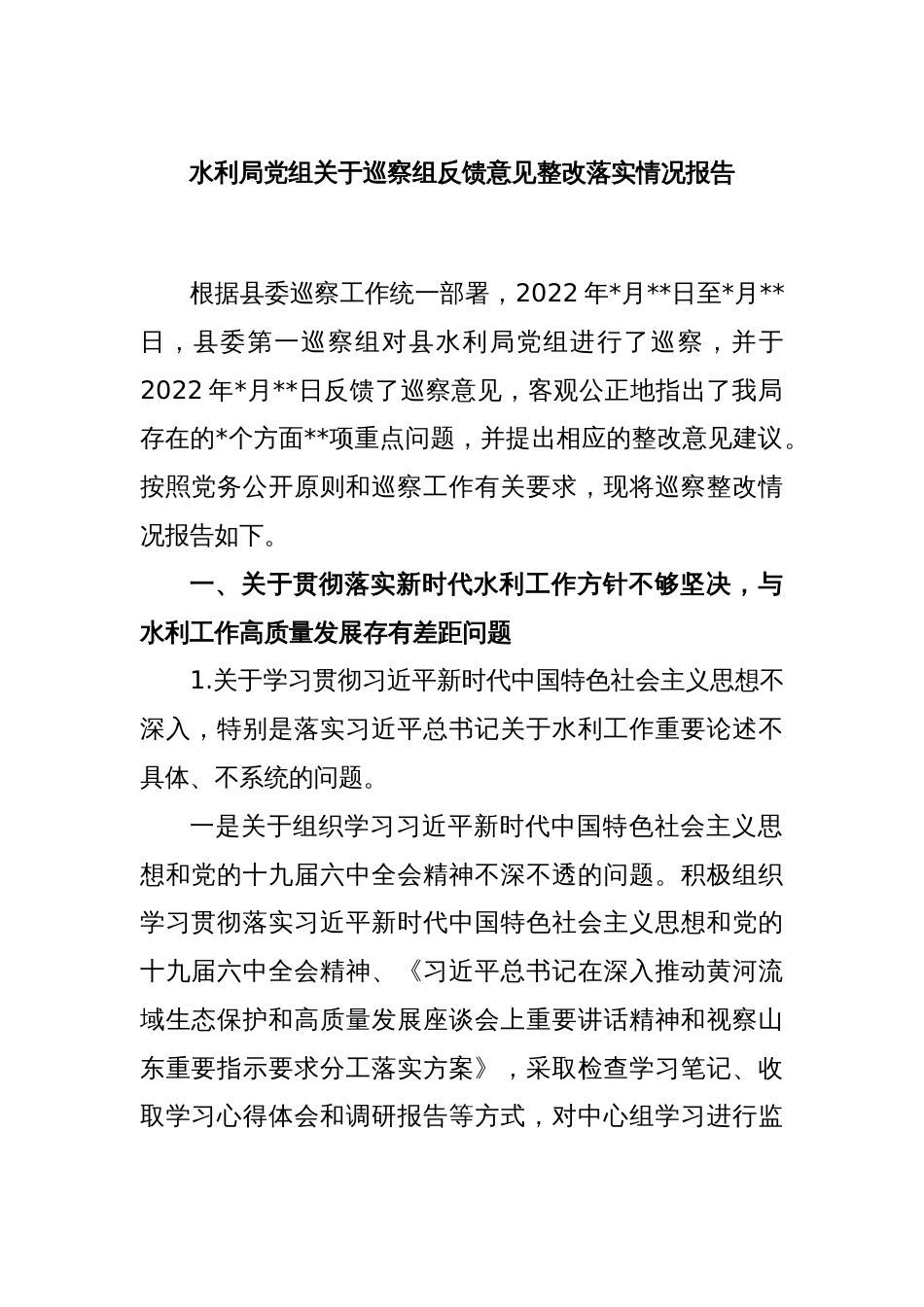 水利局党组关于巡察组反馈意见整改落实情况报告_第1页