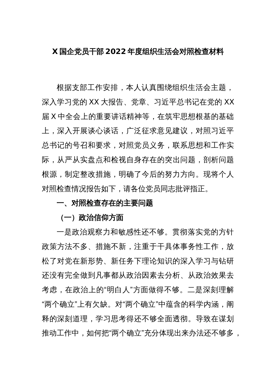 X国企党员干部2022年度组织生活会对照检查材料_第1页