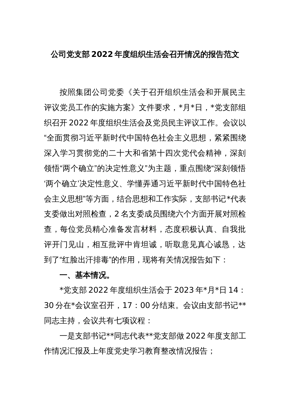 公司党支部2022年度组织生活会召开情况的报告范文_第1页
