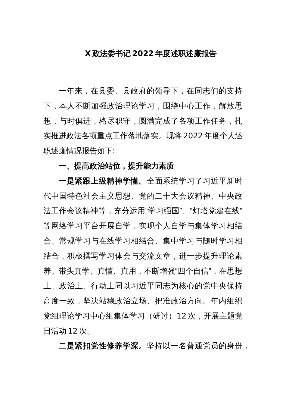 X政法委书记202X年度述职述廉报告_第1页