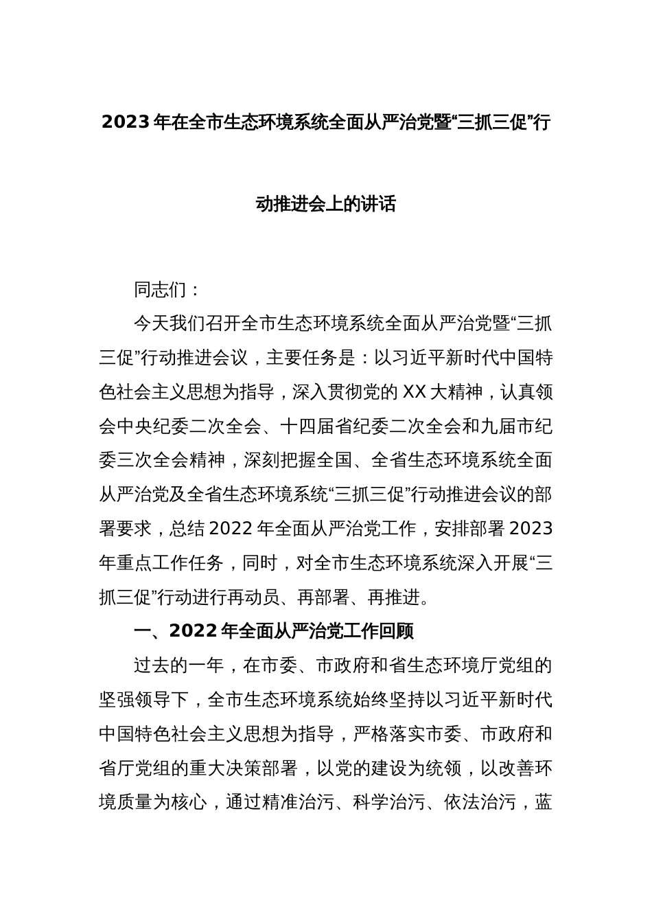 2023年在全市生态环境系统全面从严治党暨“三抓三促”行动推进会上的讲话_第1页
