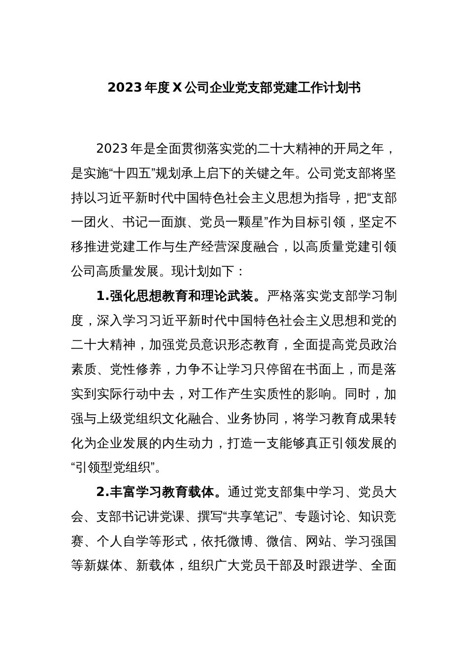 2023年度X公司企业党支部党建工作计划书_第1页