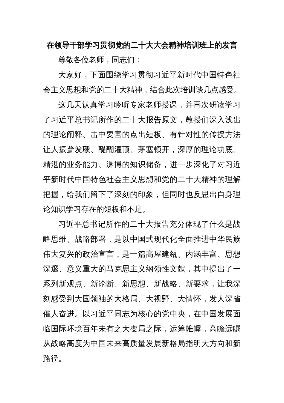 在领导干部学习贯彻党的二十大大会精神培训班上的发言_第1页