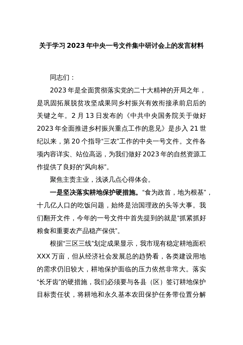 关于学习2023年中央一号文件集中研讨会上的发言材料_第1页