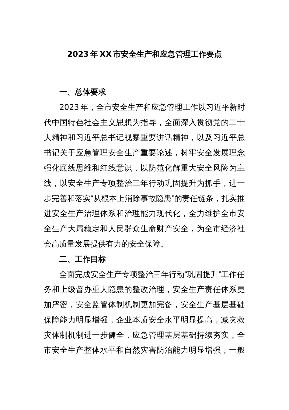 2023年XX市安全生产和应急管理工作要点_第1页