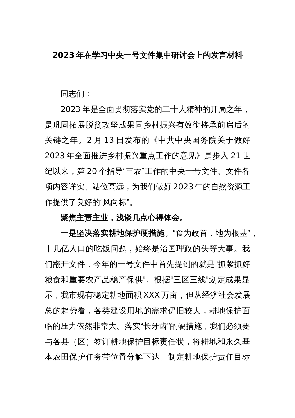 2023年在学习中央一号文件集中研讨会上的发言材料_第1页