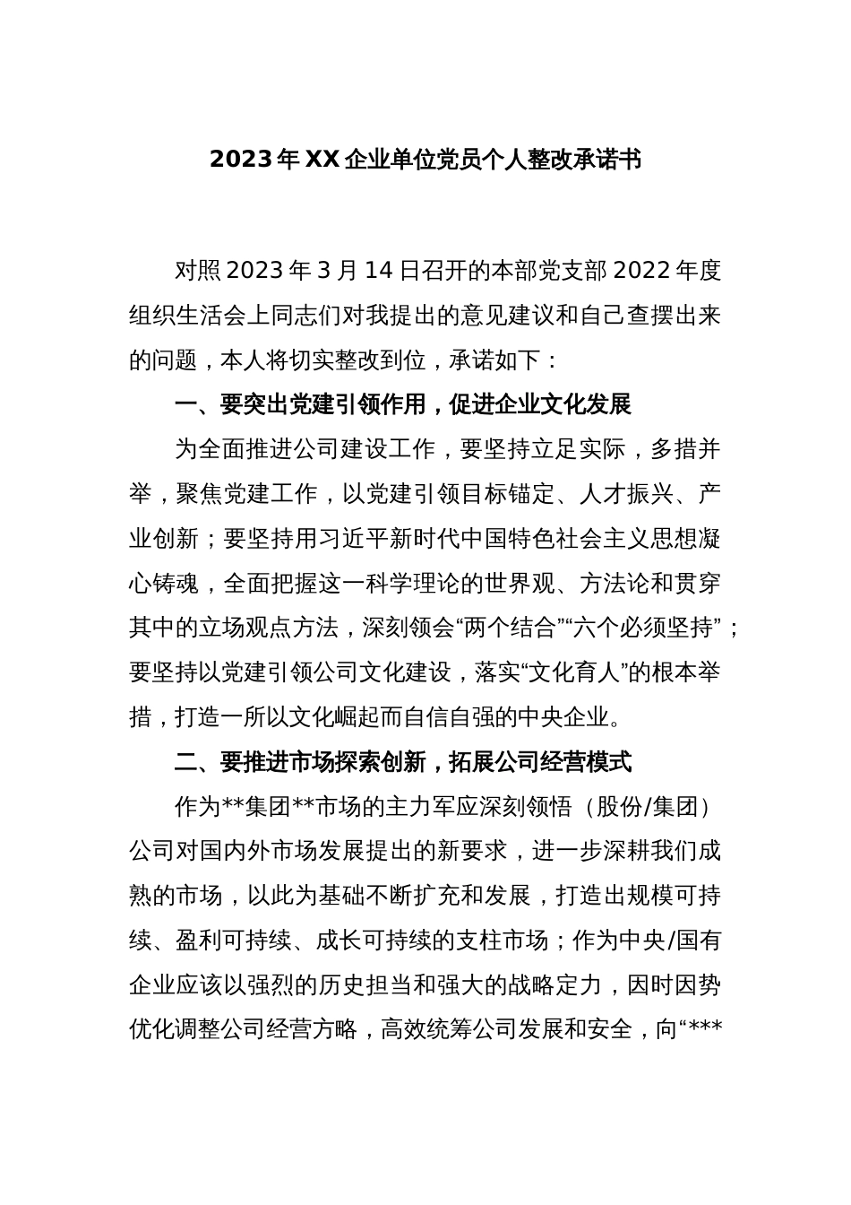 2023年XX企业单位党员个人整改承诺书_第1页