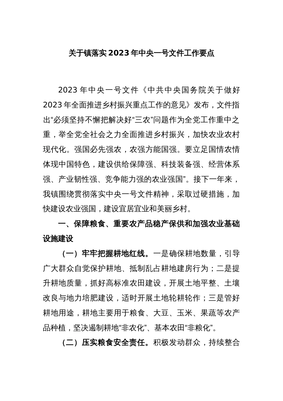 关于镇落实2023年中央一号文件工作要点_第1页