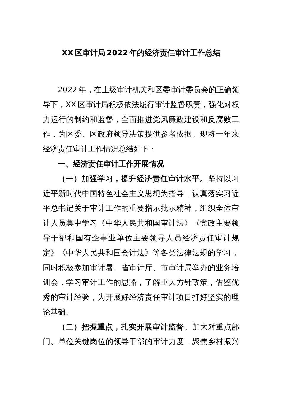 XX区审计局2022年的经济责任审计工作总结_第1页