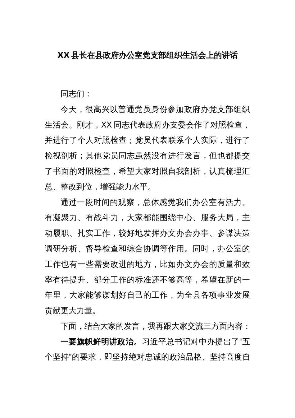 XX县长在县政府办公室党支部组织生活会上的讲话_第1页