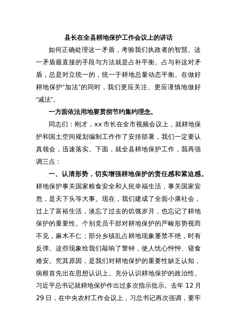 县长在全县耕地保护工作会议上的讲话_第1页