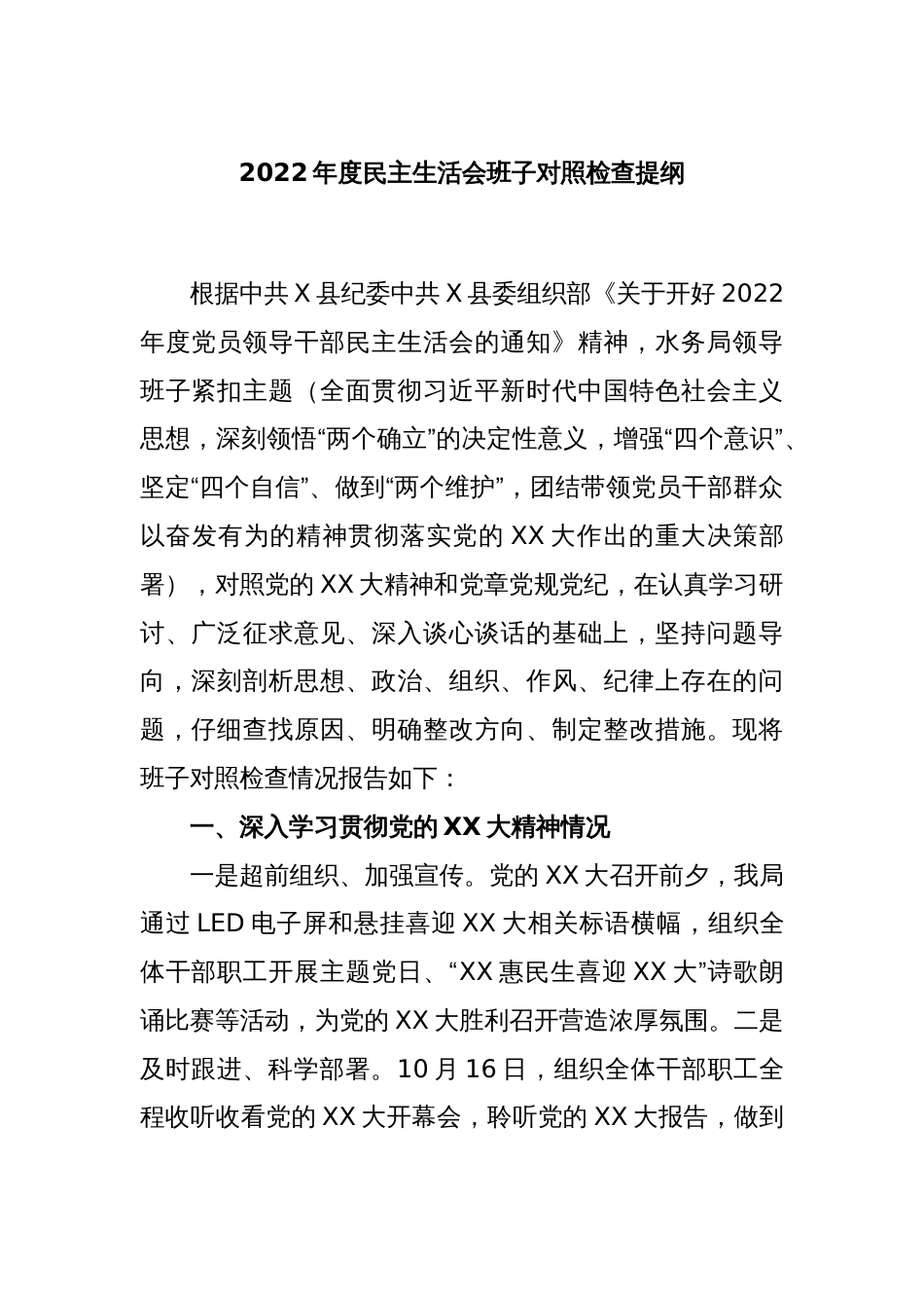 2022年度民主生活会班子对照检查提纲_第1页