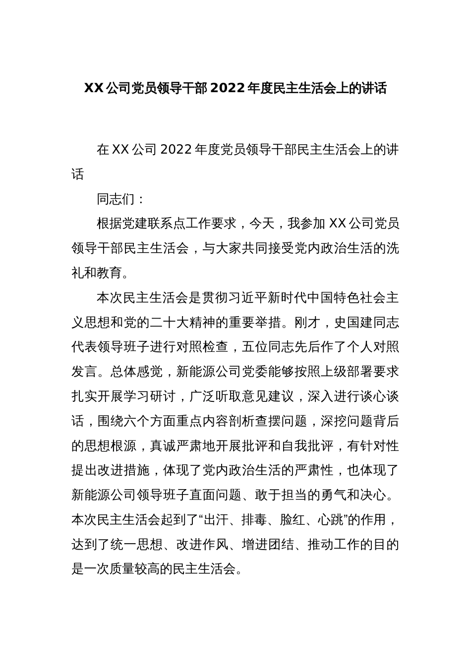 XX公司党员领导干部2022年度民主生活会上的讲话_第1页