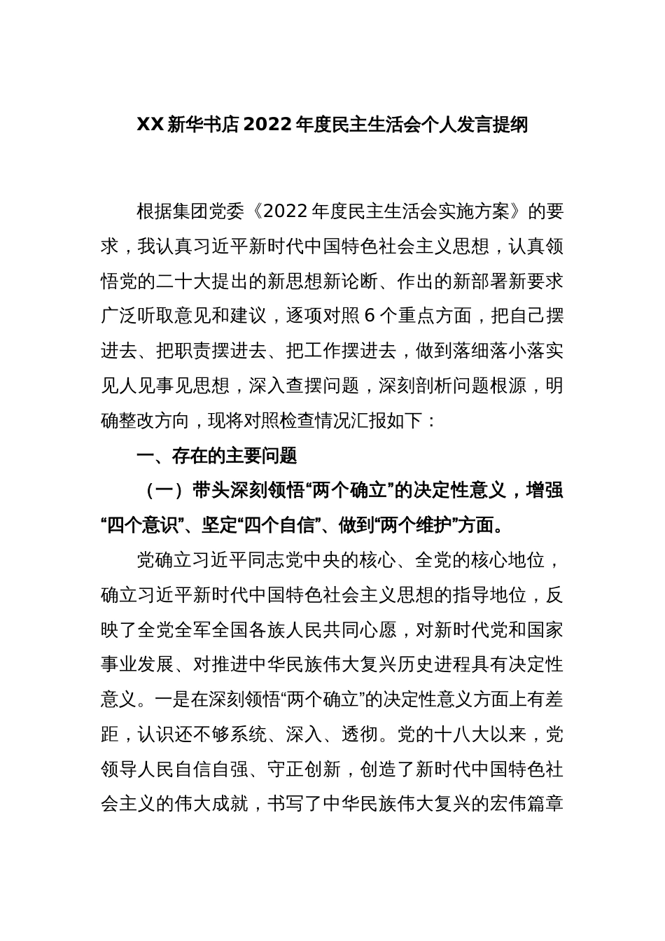 XX新华书店2022年度民主生活会个人发言提纲_第1页