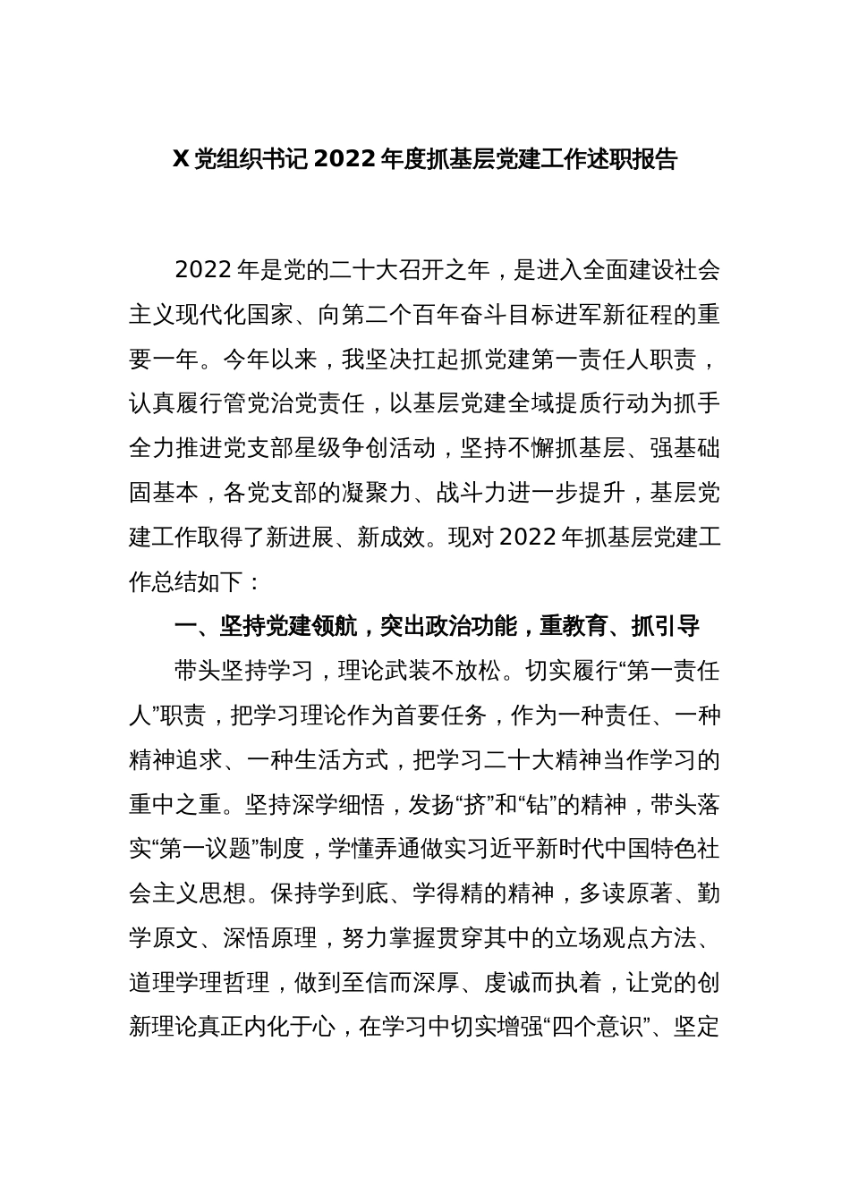 X党组织书记2022年度抓基层党建工作述职报告_第1页