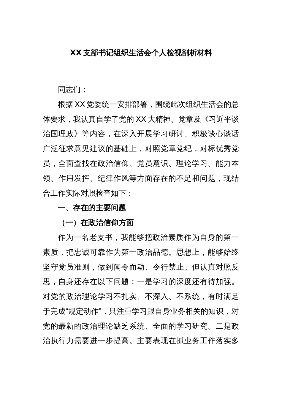 XX支部书记组织生活会个人检视剖析材料_第1页