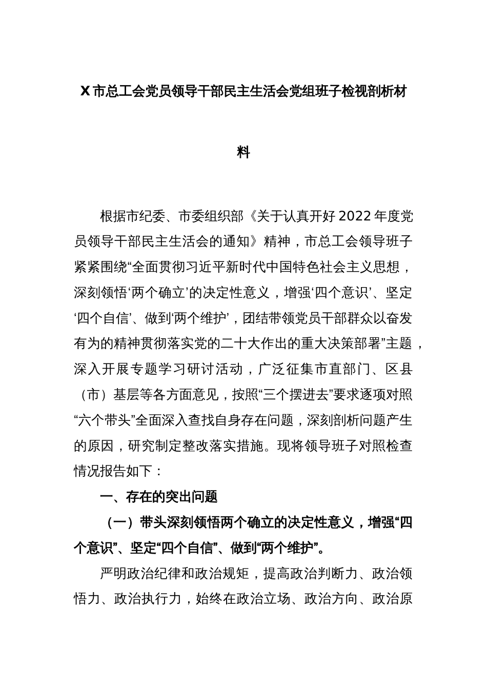 X市总工会党员领导干部民主生活会党组班子检视剖析材料_第1页