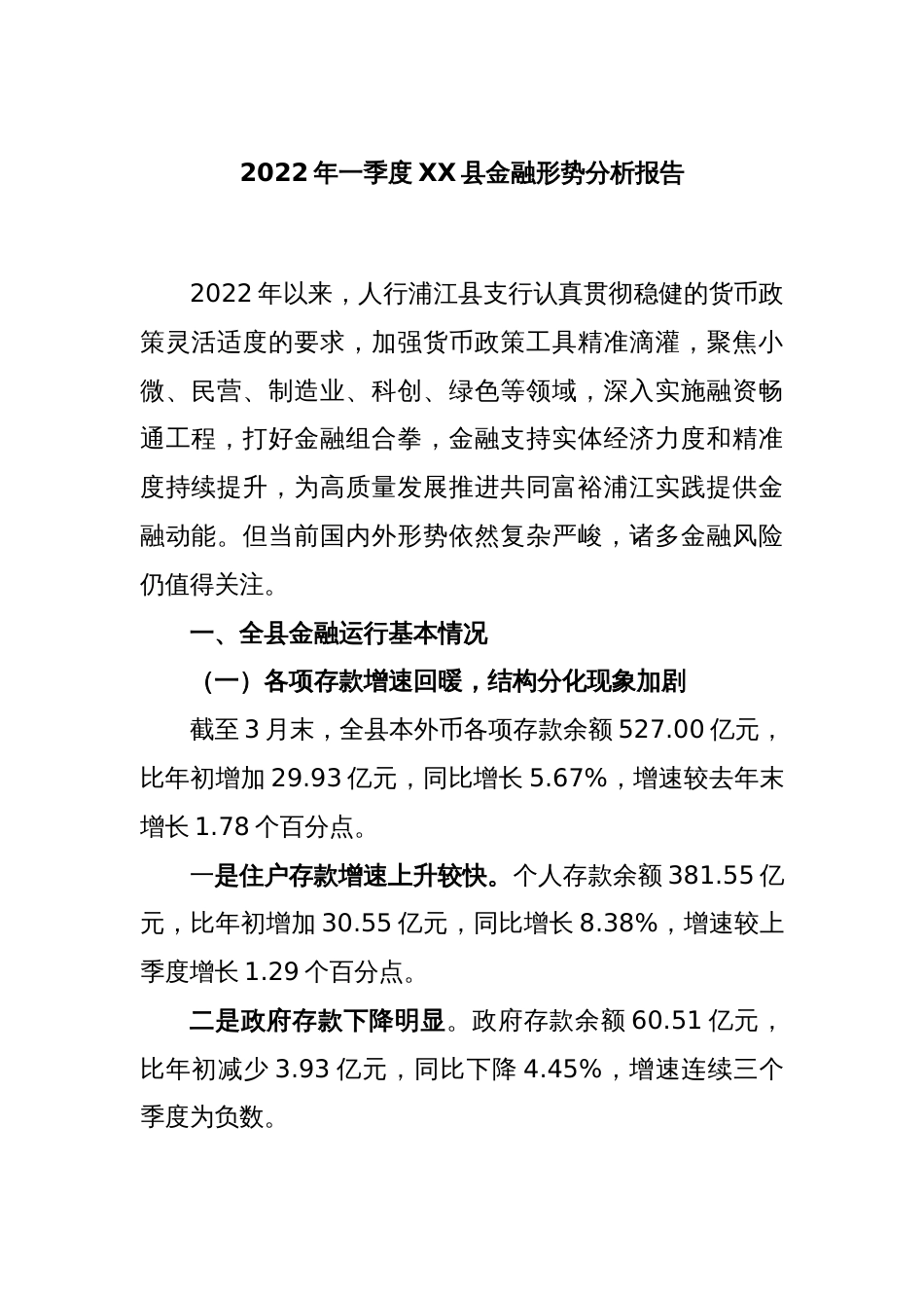 2022年一季度XX县金融形势分析报告_第1页