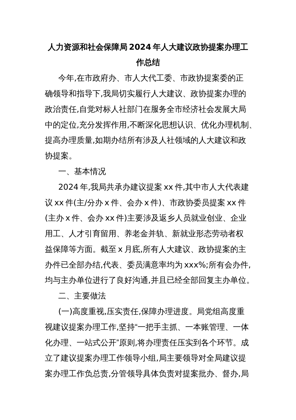 人力资源和社会保障局2024年人大建议政协提案办理工作总结_第1页