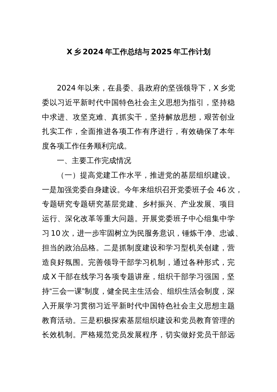 X乡2024年工作总结与2025年工作计划_第1页