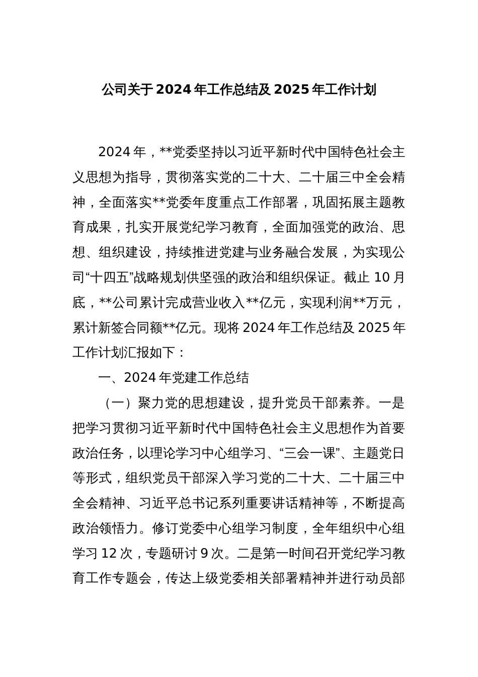 公司关于2024年工作总结及2025年工作计划_第1页